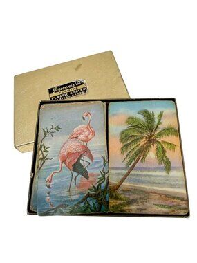 Vintage Florida Playing Cards 2 Decks Boxed Set Flamingos Palm Tree MCM